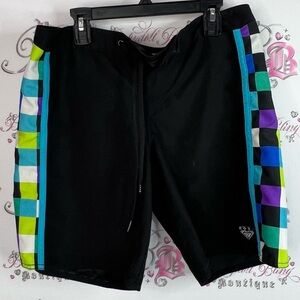 Roxy shorts swim shorts trunks y2k Black Shorts with Vibrant Checkered Pattern
